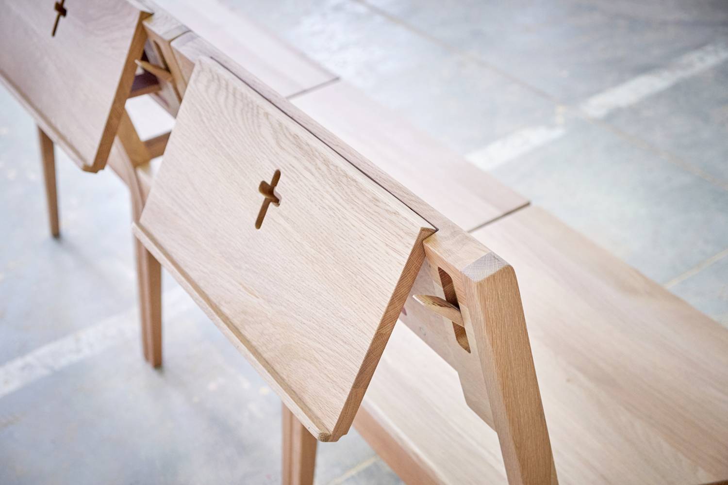 Oak wood writing desk for the church chair with an bible holder.